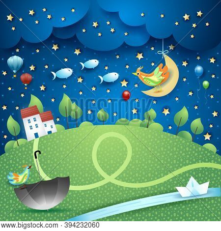 Surreal Landscape By Night With River, Umbella And Flying Fishes. Vector Illustration Eps10