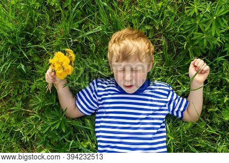 A Blond European Boy Is Lying On The Grass With A Bunch Of Yellow Dandelions. The Child Fell And Bum