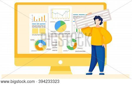 Man Is Working And Analyzing Financial Statistics On The Background. Marketer Is Studying Informatio