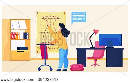 Girl Corrects The Plan For Clothes. Fashion Designers Making A Pattern On Yellow Paper. Future Cloth