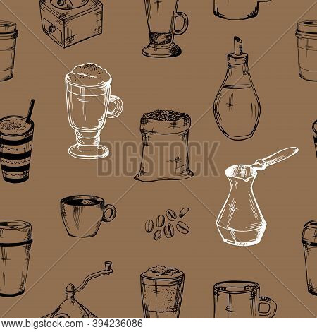Seamless Coffee Pattern.glass Cups, Mug, Coffee Grinder, Coffee Maker, Coffee Beans, Milk Jug