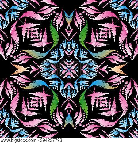Ethnic Colorful Embroidery Vector Seamless Pattern. Ornamental Textured Tribal Background. Grunge Fl