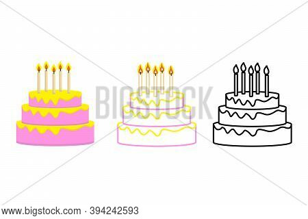 Vector Set Of Cake. Cake In Cartoon Style, Black Line And Color Line. Cute Vector Illustration
