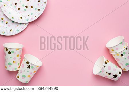 Disposable Paperware For The Holiday, Eco Paper Dishes Plates And Glasses With Copyspace