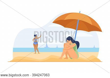Depressed Woman On Sea Beach. Sad Girl Sitting On Sand Under Umbrella Flat Vector Illustration. Majo
