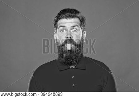 Pink Tongue. Bearded And Cheerful. Hipster Appearance. Beard Fashion. Barber Concept. Man Bearded Hi