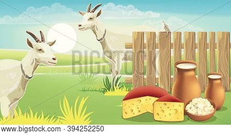Two Goats And Meadow Near A Fence With Cheese, Cottage Cheese And Milk On The Grass. Realistic. 3d M