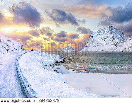 Stunning Winter View Of Vik Beach During Sunset With Lots Of Snow  And Snowy  Mountain Peaks Near Le