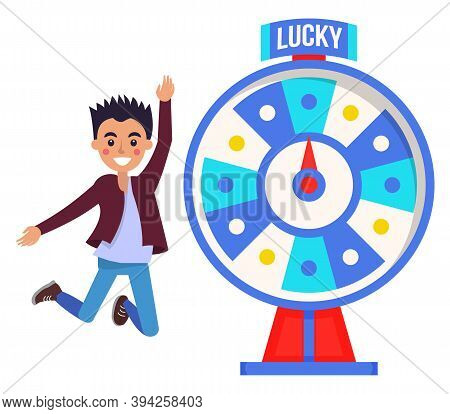 Game Fortune Wheel Concept. Man Playing Risk Game With Fortune Wheel And Lottery. Casino And Gamblin