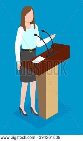 Isometric Image Of A Woman Speaker At The Podium With Microwaves. Conference, Business Presentation,