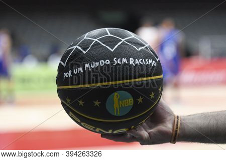 Rio, Brazil - November 11, 2020: Game Ball With A Racism Text In Match Between Flamengo 102 And 68 M