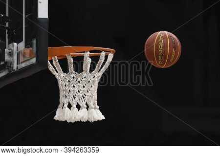 Rio, Brazil - November 11, 2020: Ball Near The Basketball Backboard In Match Between Flamengo 102 An