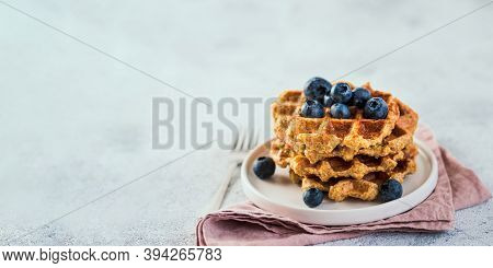 Easy Healthy Gluten Free Oat Waffles With Copy Space. Stack Of Appetizing Homemade Waffles With Oat 