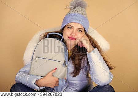 Fashion Accessory. Little Backpack And Knitted Hat. Total Pastel Outfit. Backpack Is All You Need. G