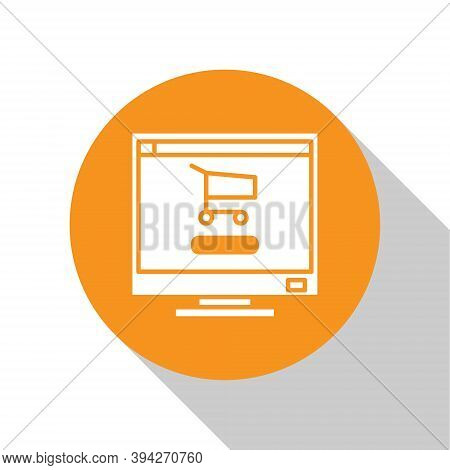 White Shopping Cart On Screen Computer Icon Isolated On White Background. Concept E-commerce, E-busi