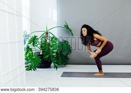 Beautiful Woman Yoga Gymnastics Flexible Stretching Asana Fitness White Room