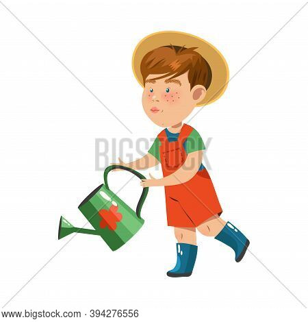 Freckled Boy In Red Shortalls And Wide Brimmed Hat Holding Watering Can Vector Illustration