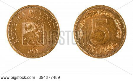 Authentic Venezuelan 5 Centimos Coin Bolivar Currency Year 1977 Obverse And Reverse Side On White Ba