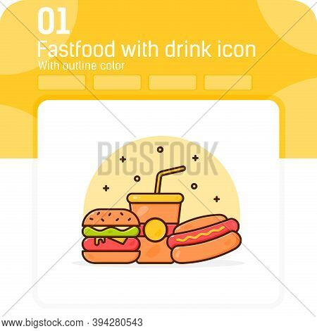 Fast Food Snacks With Soft Drink Premium Icon With Outline Color Style Isolated On White Background.