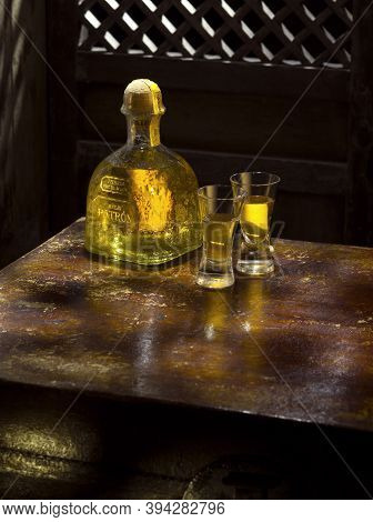Phuket, Thailand - March 2020. Bottle Of Tequila Patron Anejo 0,7 Liter, 40%