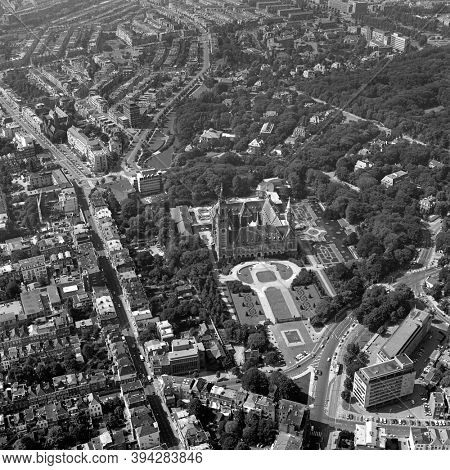 The Hague, Holland, July 4 - 1977: Historical aerial photo in black and white of the Peace Palace which houses the International Court of Justice and gardens