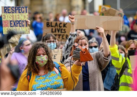 Richmond, North Yorkshire, Uk - June 14, 2020: British Blm Protesters Wear Ppe Face Masks And Hold H