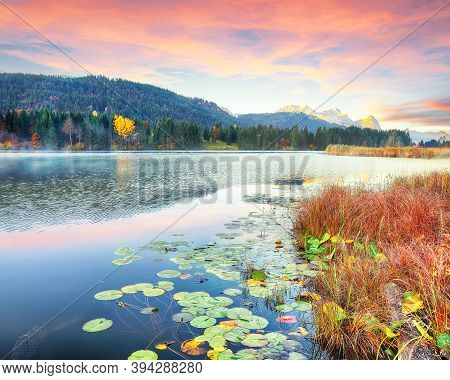 Awesome View Of Wagenbruchsee (geroldsee) Lake With Zugspitze Mountain Range On Background. Location