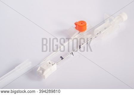 Medical Catheter For Infusion. Close-up, On A White Background