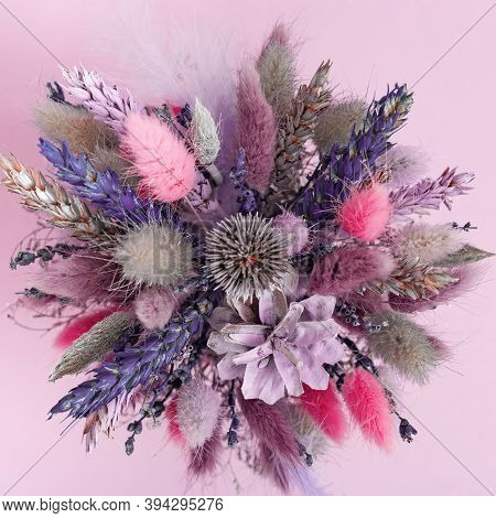 Unfading Bouquet Of Natural Plants, Flowers, Ears Of Wheat, Cone In Small Round Vase. Floral Design 