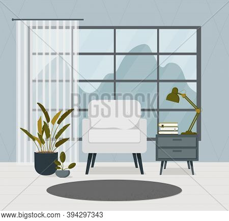 Bright Comfortable Cozy Living Room Interior In Green Pastel Colors On A White Isolated Background. 