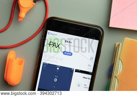 New York, United States - 7 November 2020: Phone Screen Close-up With Pax Plus Mobile App Logo On Di