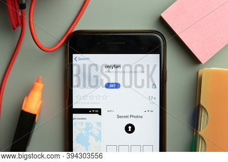 New York, United States - 7 November 2020: Phone Screen Close-up With Onlyfan Mobile App Logo On Dis