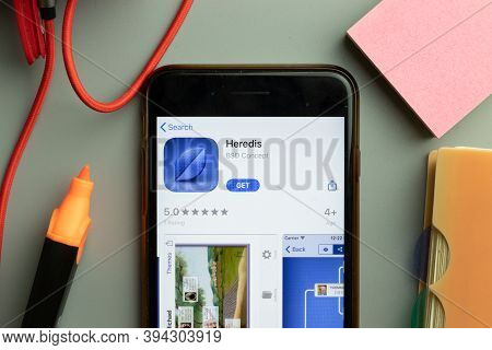 New York, United States - 7 November 2020: Phone Screen Close-up With Heredis Mobile App Logo On Dis