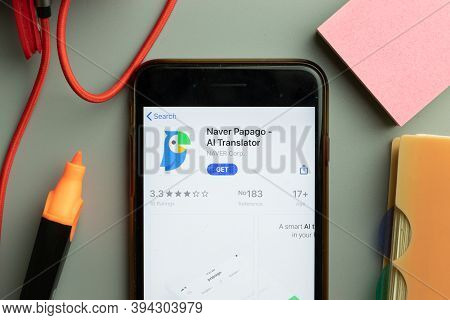 New York, United States - 7 November 2020: Phone Screen Close-up With Naver Papago Ai Translator Mob