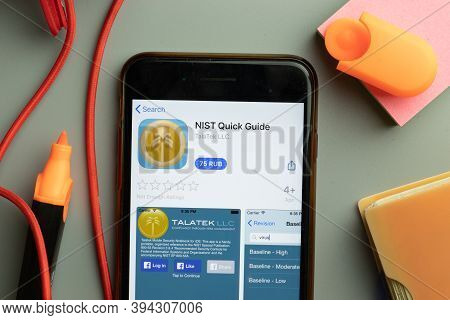 New York, United States - 7 November 2020: Phone Screen Close-up With Nist Quick Guide Mobile App Lo