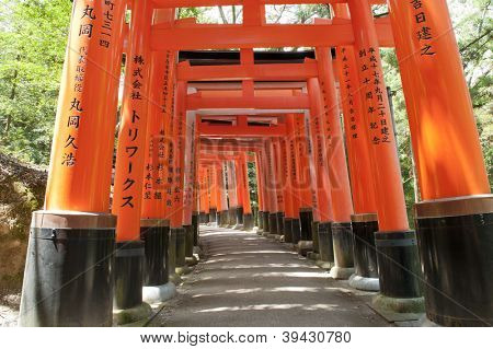 Slavné šintoistická svatyně Fushimi Inari Taisha nedaleko Kjóta zahrnuje kolem 1300 oranžové torii brány, Jap