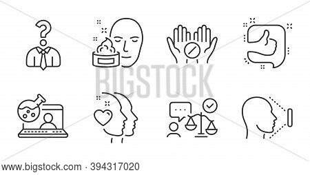 Medical Tablet, Hiring Employees And Face Cream Line Icons Set. Like, Heart And Online Chemistry Sig