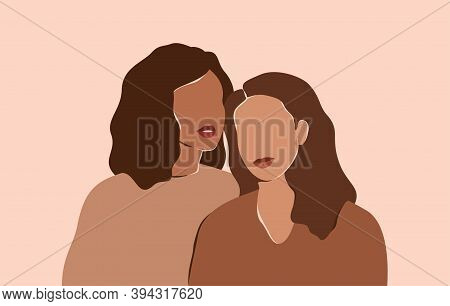 Two Beautiful Women With Different Skin Colors Stand Together. Abstract Minimal Portrait Of Two Girl
