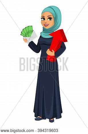 Stock Vector Arabic Business Woman Holding Money And Red Arrow. Beautiful Muslim Businesswoman Carto