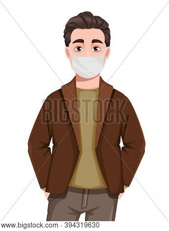 Stock Vector Businessman Cartoon Character In Flat Style. Young Handsome Business Man In Medical Mas