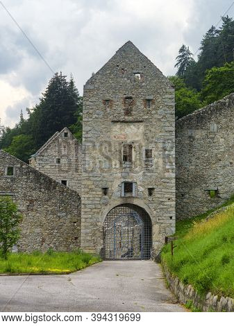 Cycleway Of Pusteria Valley, Bolzano Province, Trentino Alto Adige, Italy. Ruins Of Castle Of Chiusa