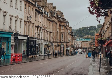 Bath, Uk - October 04, 2020: View Of A Milsom Street, A Famous Shopping Street In Bath, The Largest 