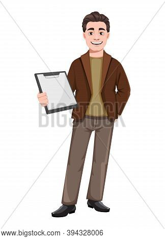 Stock Vector Businessman Cartoon Character In Flat Style. Young Handsome Business Man Holding Blank 