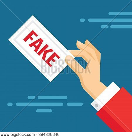 Fake News Concept Banner. Human Hand And Paper Card With Message Of False Information. Flat Style De