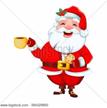 Stock Vector Cheerful Santa Claus Having A Coffee Break. Merry Christmas And Happy New Year. Smiling