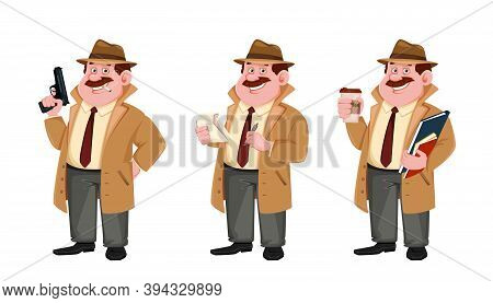 Stock Vector Detective Character, Set Of Three Poses. Investigator Cartoon Character. Vector Illustr