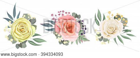 Set Of Flower Arrangements. White, Beige And Pink Roses. Green Plants And Small Flowers. Flowers On 