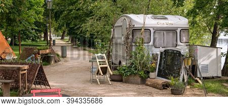 Prague, Czech Republic - May 22, 2020: Refreshment Stand Made Out Of A Caravan At The Strelecky Isla