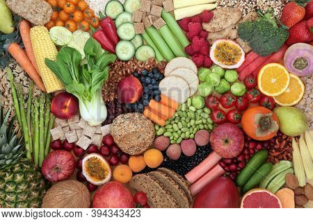 Low cholesterol high fibre food with fruit, vegetables, grain products, cereals, legumes & nuts. High in anthocyanins, antioxidants, omega 3, protein, & vitamins, Health care concept for healthy heart