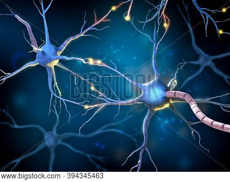 Network of multipolar neurons with glowing receptors. 3D illustration.